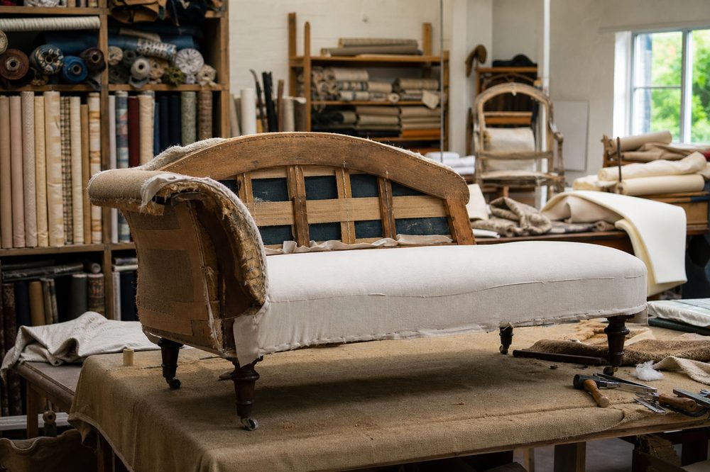 Sofa mid-reupholstery on the workshop floor